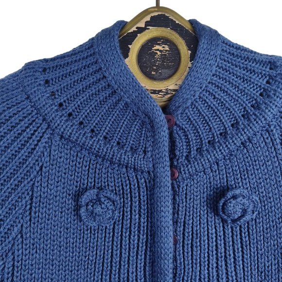 Vintage 70s Chunky Knit w Rosettes Button Front Mock Neck Cardigan Sweater L NOS - Picture 3 of 10